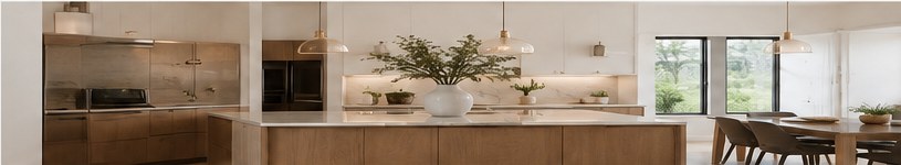 Bright kitchen and dining space with natural wood, stone and greenery